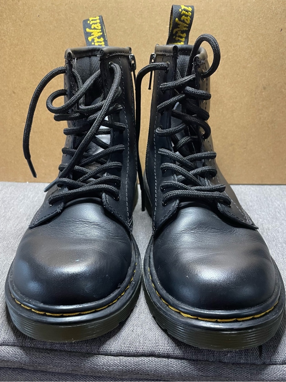 Dr. Martens Black Leather Lace-Up Combat Boots with Yellow Stitching